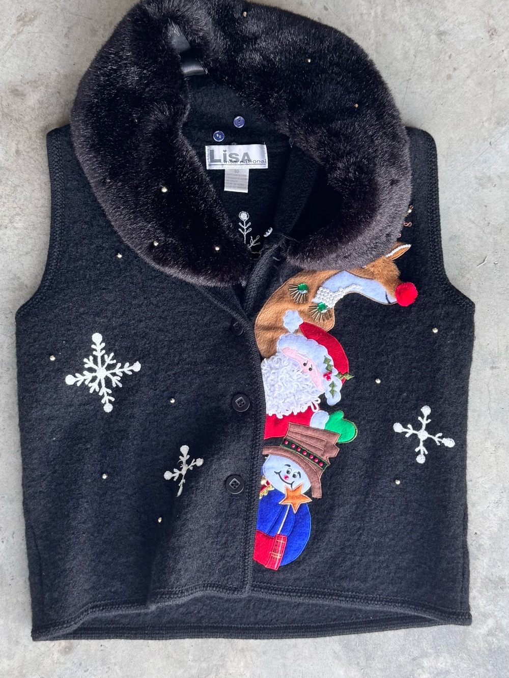 Lisa International Wool Christmas Sweater Vest Women's M Fur Collar Vintage